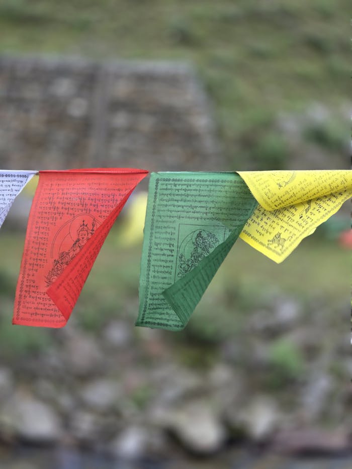 Close-up of vibrant Tibetan prayer flags waving in the wind, set against a blurred mountainous background.